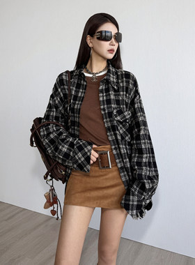 NancyCavally专柜款色纺泡泡肌理羊毛 英伦风铆钉OS格纹衬衫外套