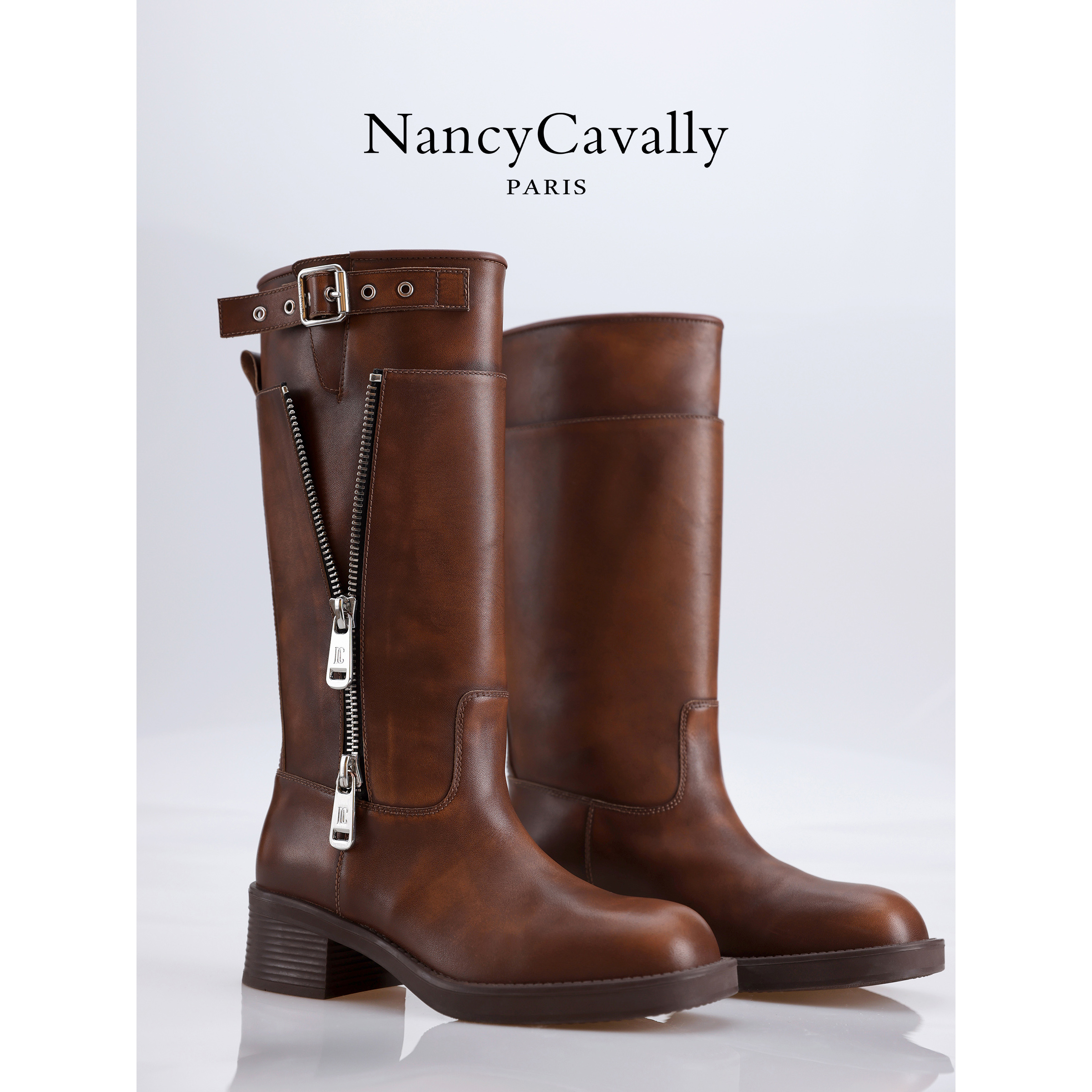 NancyCavally拉链双层骑士长筒靴