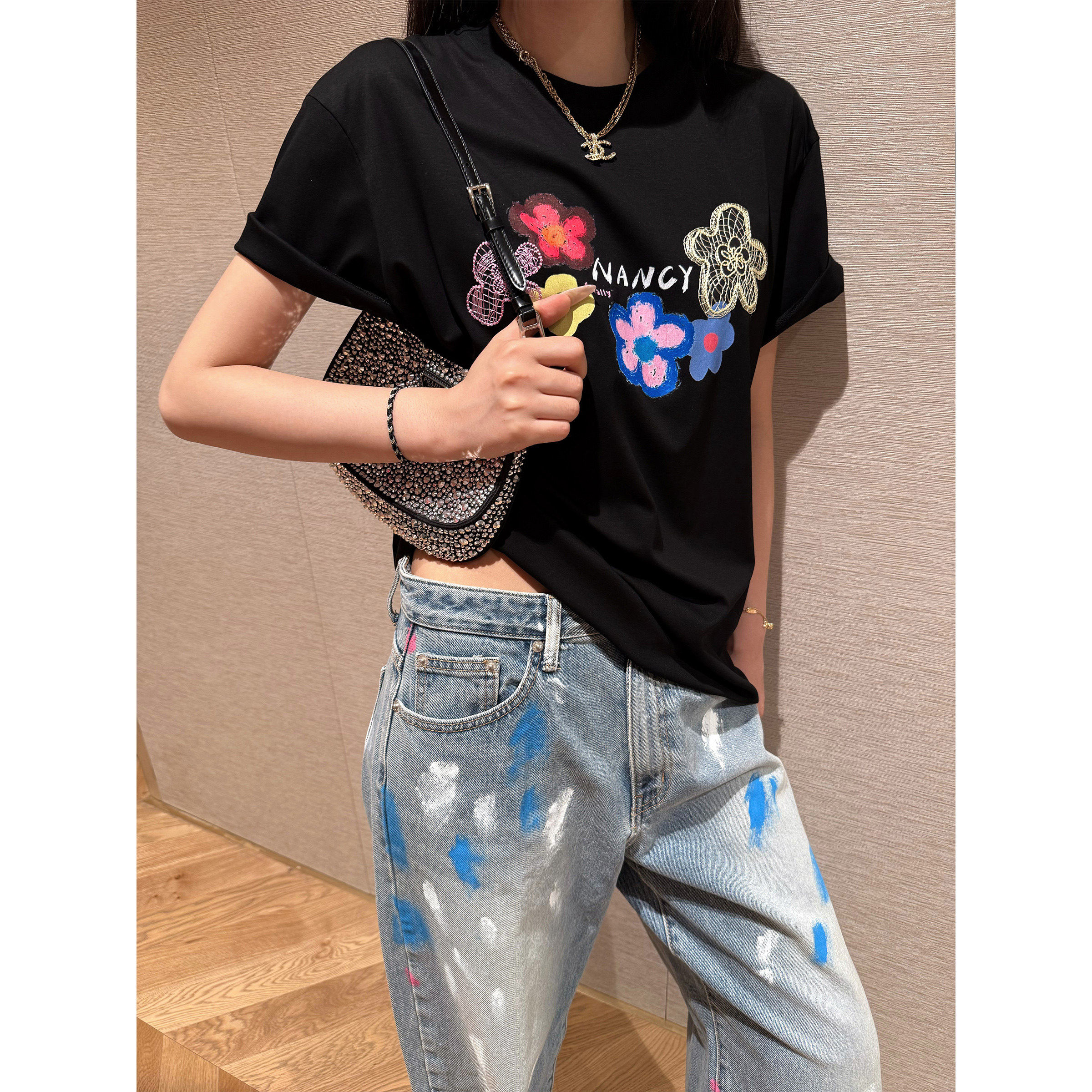 NancyCavally专柜款精选100S新疆长绒棉绚烂立体花朵印绣廓形T恤