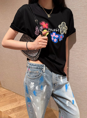 NancyCavally专柜款精选100S新疆长绒棉绚烂立体花朵印绣廓形T恤