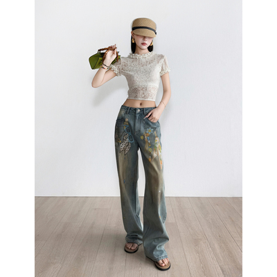 NancyCavally挂饰印花脏脏牛仔裤