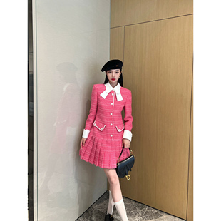 NancyCavally气质女神 多种肌理纱 花瓣蝴蝶领撞色百褶小香连衣裙