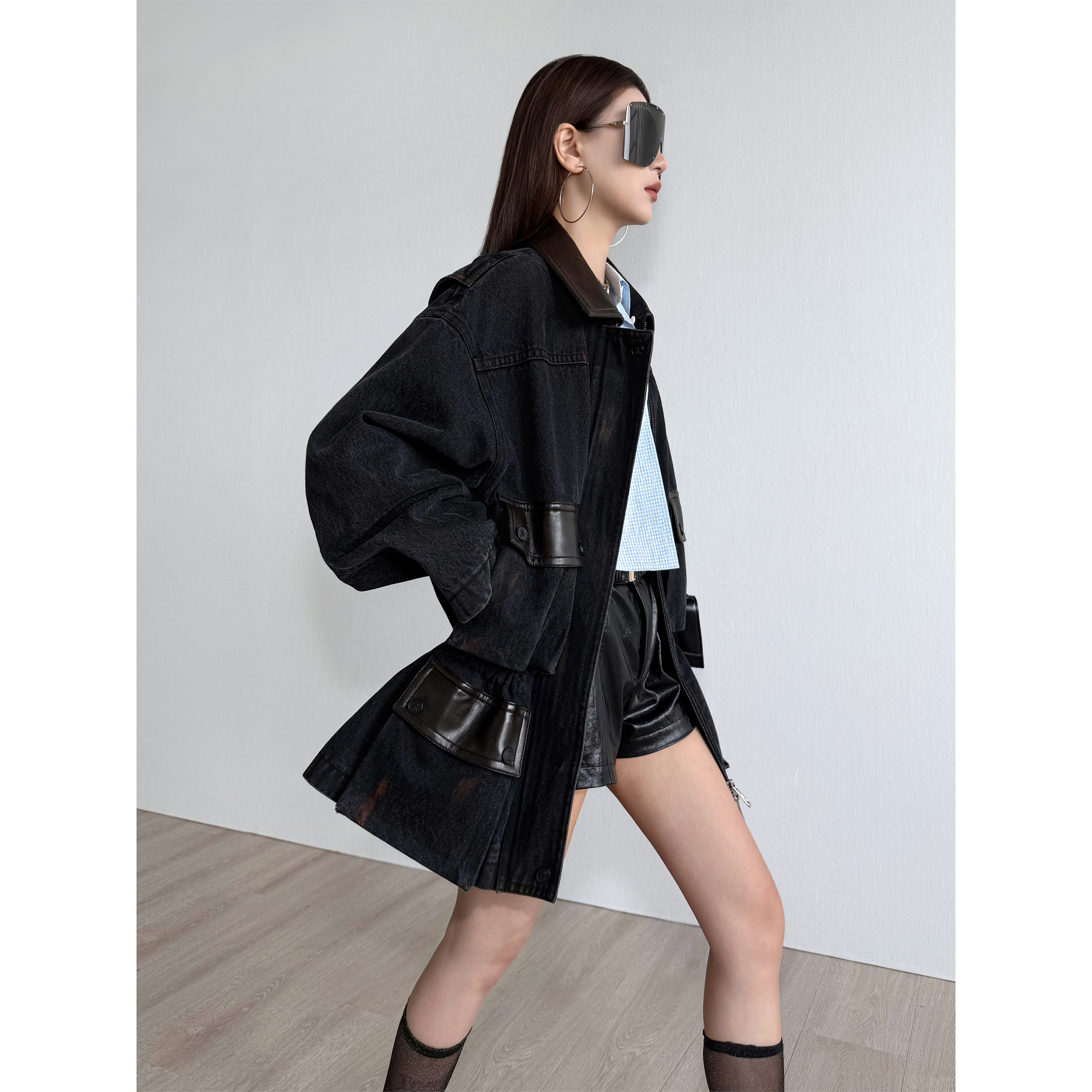 NancyCavally工装风翻领牛仔外套