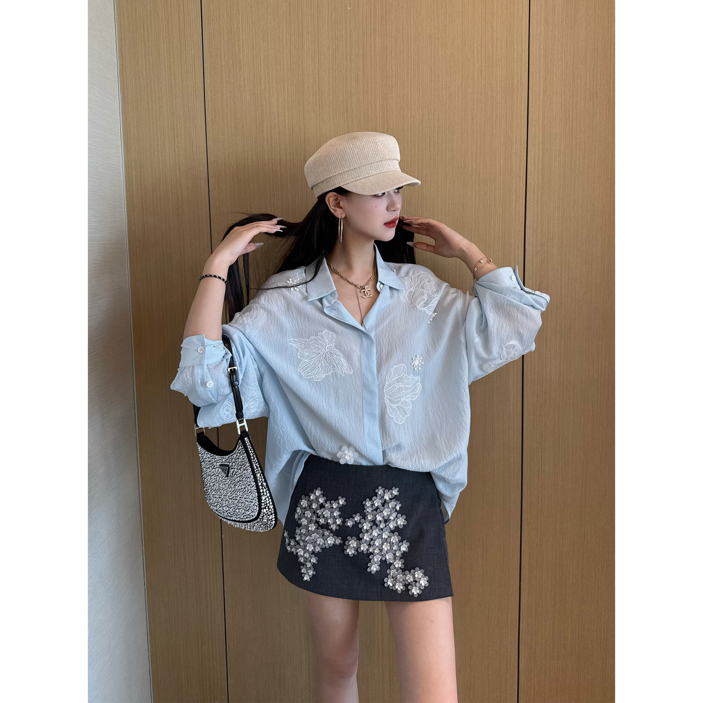 NancyCavally专柜款爽滑特殊花纱  重工华丽纯手工钉珠花卉裙裤