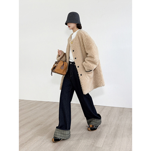 NancyCavally专柜款重磅水洗丹宁牛仔棉 格纹撞色深邃靛蓝牛仔裤