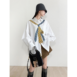 NancyCavally专柜款甄选柔软亲肤棉纤维 撞色V型双领带印花衬衫