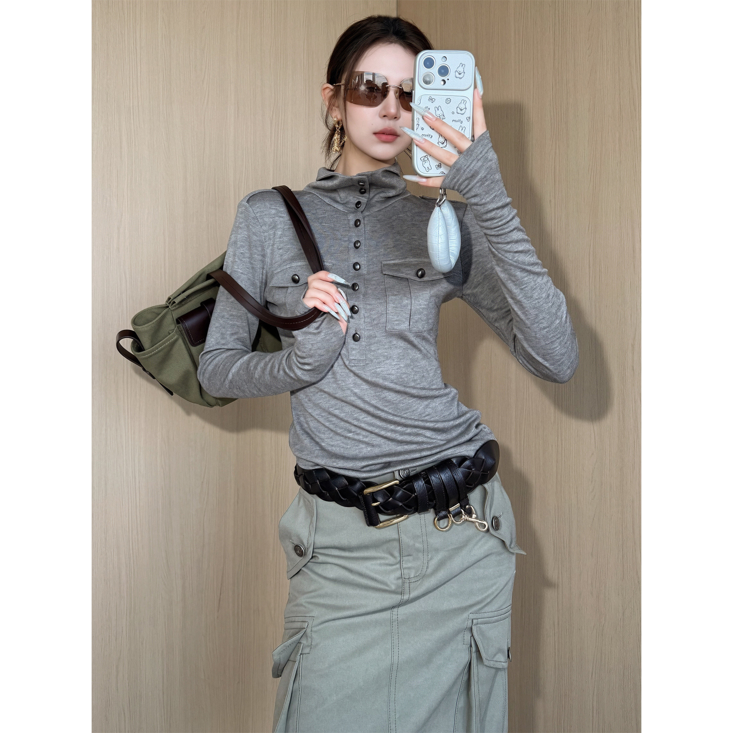 NancyCavally专柜款高品级兰精天丝/澳毛 工装半开襟亨利领打底衫