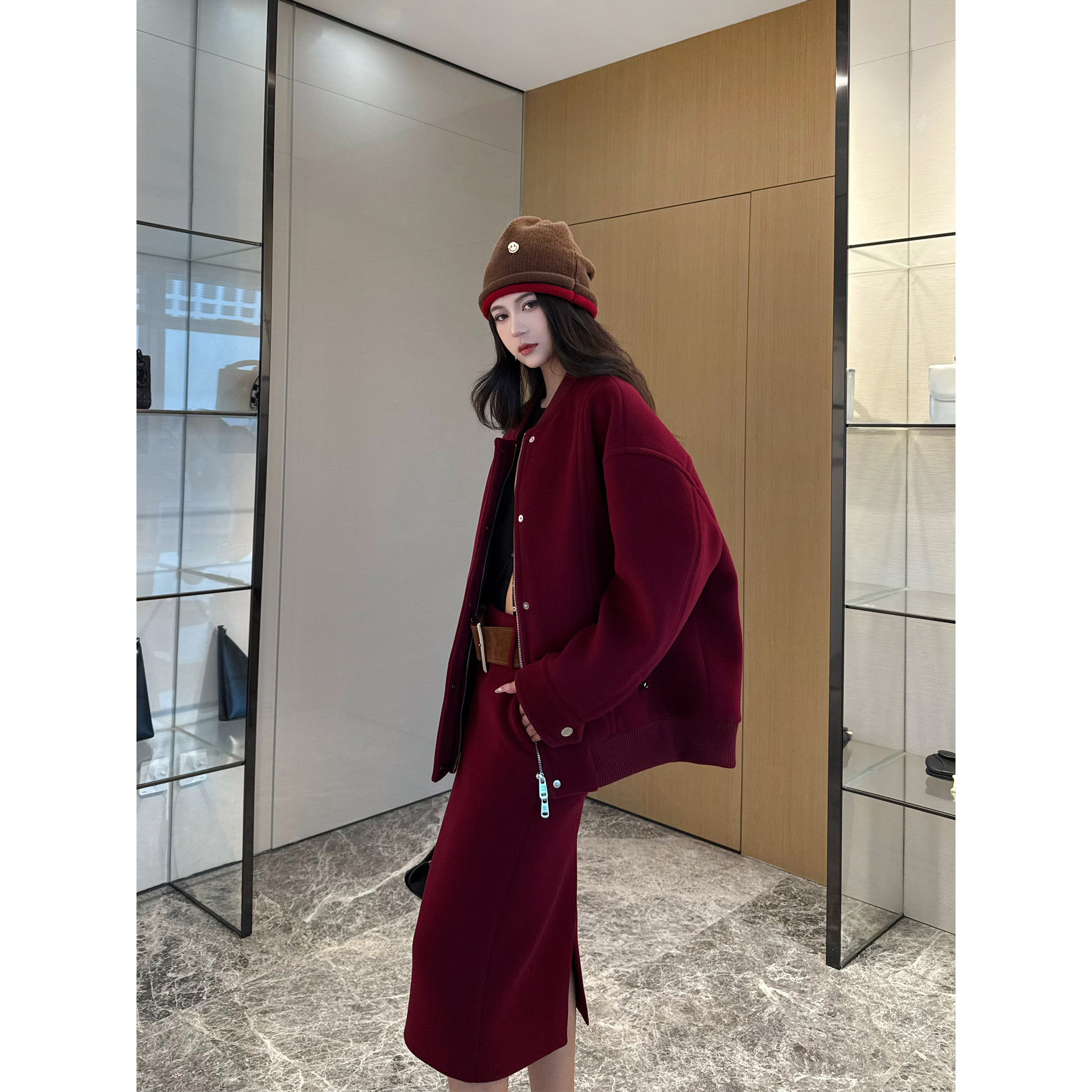 NancyCavally专柜款珍奢110支澳毛/山羊绒 毛呢棒球夹克/半裙套装