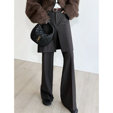 NancyCavally专柜款挺括顺滑精纺羊毛 时髦层次感假两件微喇裙裤