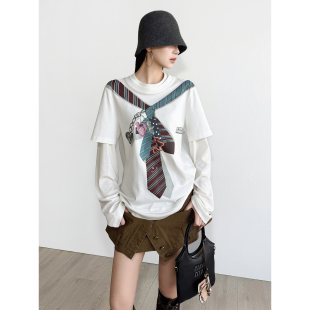 NancyCavally专柜款 羊毛甜酷假两件条纹领带印花T恤 臻选专纺棉纱