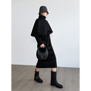 NancyCavally专柜款贵奢110s高支羊绒羊毛双面呢斗篷外套半裙套装