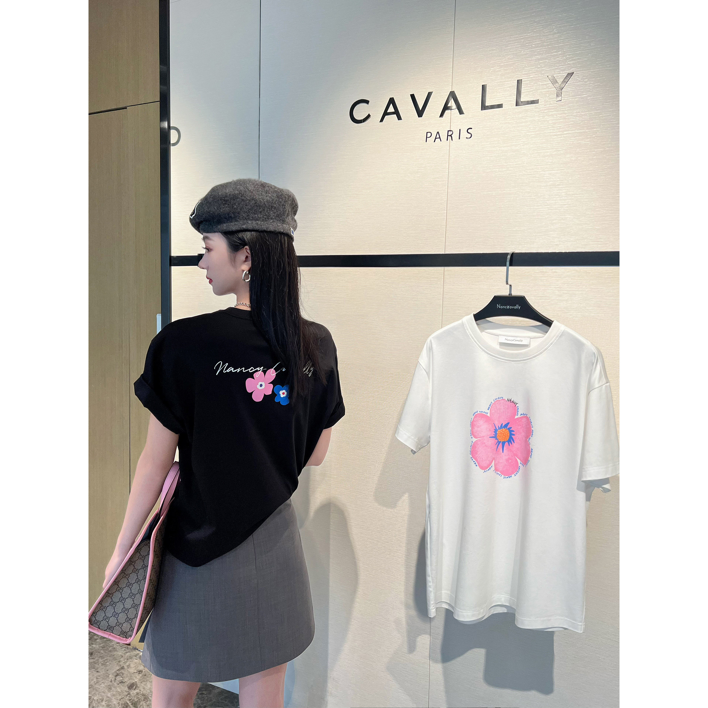 NancyCavally专柜款新疆双面丝光长绒棉简约文艺撞色花朵廓形T恤