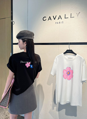 NancyCavally专柜款新疆双面丝光长绒棉简约文艺撞色花朵廓形T恤