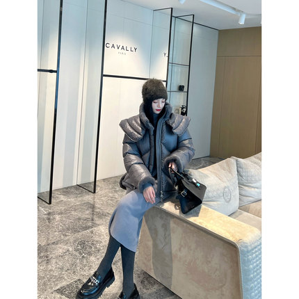 NancyCavally奢感保暖蓄热95白鹅绒 可拆弧形披肩貂毛立领羽绒服