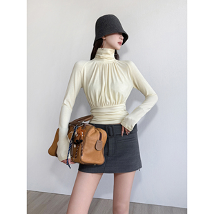 收腰褶皱高领针织打底衫 NancyCavally专柜款 双面罗纹精纺羊毛经典