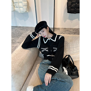 NancyCavally温柔千金  复古粗针羊毛撞色边提花小香针织开衫毛衣