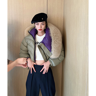 NancyCavally腔调博主B入 超大银狐领斜门襟95白鹅绒短款羽绒服