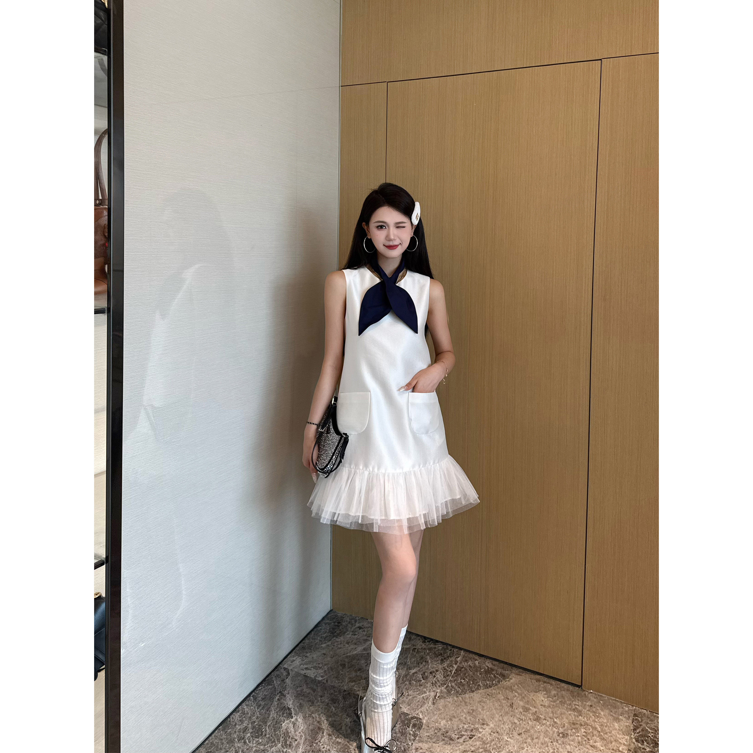 NancyCavally专柜款極奢珠光感真丝 撞色造型领结双层纱微A连衣裙