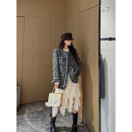 NancyCavally专柜款特种花式粗花呢  千金风银丝细闪毛边小香外套