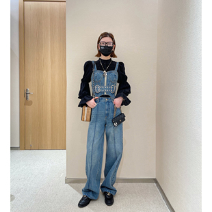 NancyCavally维纳斯女神  复古水洗做旧抹胸小背心两穿背带牛仔裤