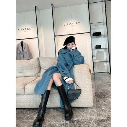 NancyCavally甄选超细美丽奴羊毛  大翻领宽日字扣袢茧型毛呢大衣