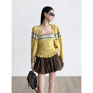 套装 NancyCavally专柜款 开衫 温柔学院条纹抹胸 新澳超细精纺羊毛