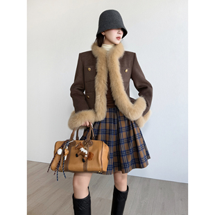 NancyCavally专柜款高端精纺羊毛/羊绒 狐狸毛饰边箱型小香呢外套