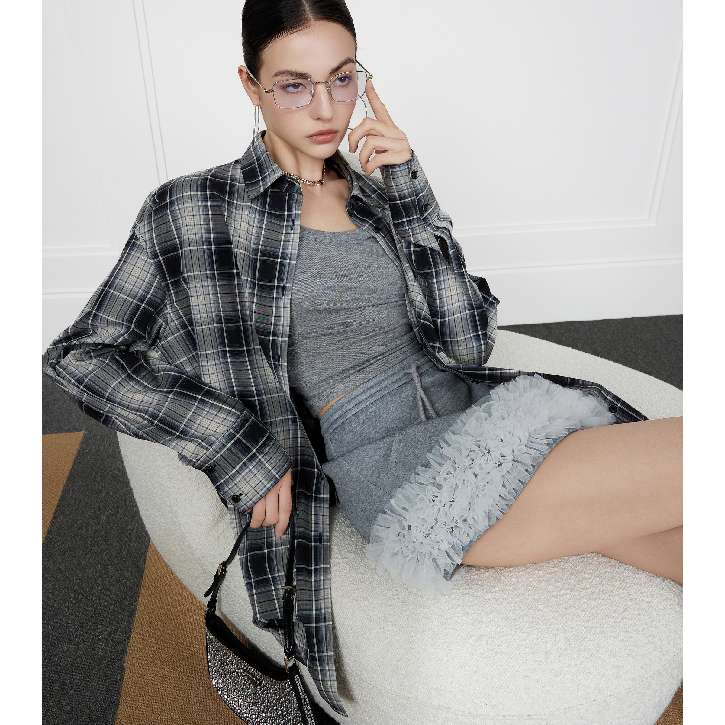 NancyCavally纸片人廓形格纹衬衫