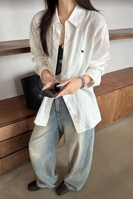 zuowooon8637亚麻透气长袖春秋款衬衫POLO领刺绣小马宽松衬衣