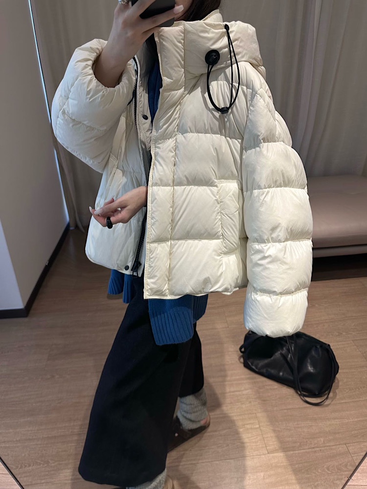 QBS.S25-629泡芙羽绒服女短款冬季龟背90白鸭绒连帽厚面包服外套