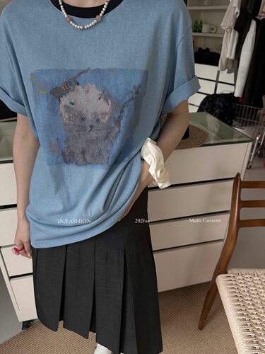 ONE26753夏季新款韩版时尚宽松显瘦百搭印花蓝色短袖T恤上衣女one