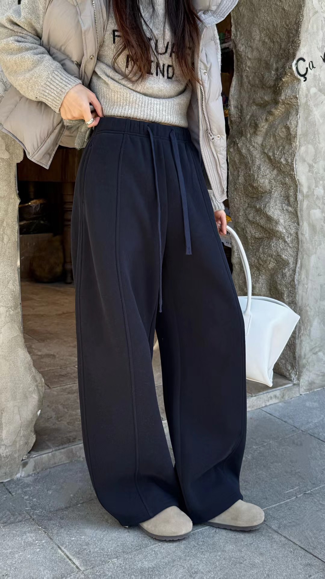 QBS1003颗粒绒加厚卫裤女冬季可束脚抽绳两穿直筒阔腿裤休闲裤子