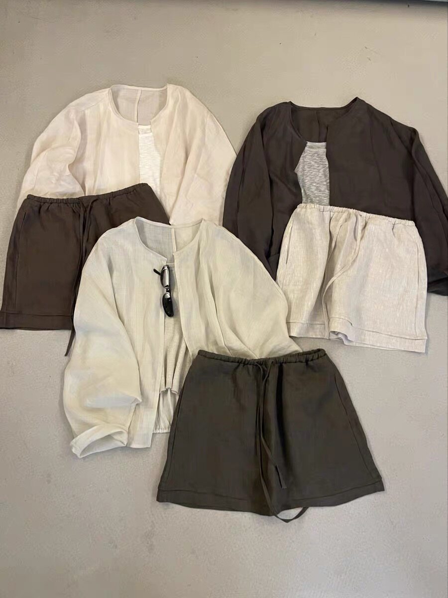 夏防晒圆领衬衫+背心+系带半身裙时尚韩版纯苎麻三件套套装in.11