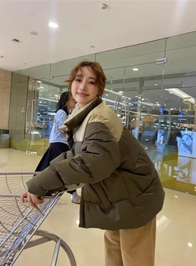 卡蔓诗6820立领拼接撞色鹅绒服女2025冬季宽松百搭小个子羽绒外套