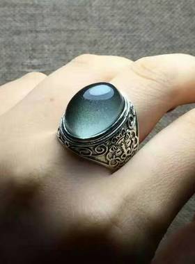 S925纯银复古霸气开口戒指绿幽灵
