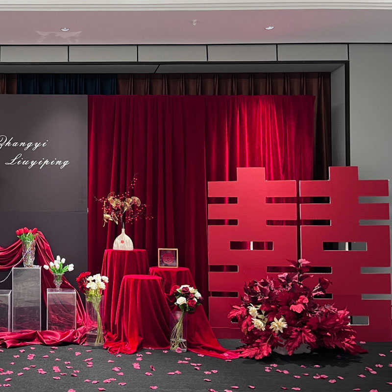 婚庆金丝绒布纱幔订婚宴大红色酒红色绒布料婚礼桌布装饰舞台布置
