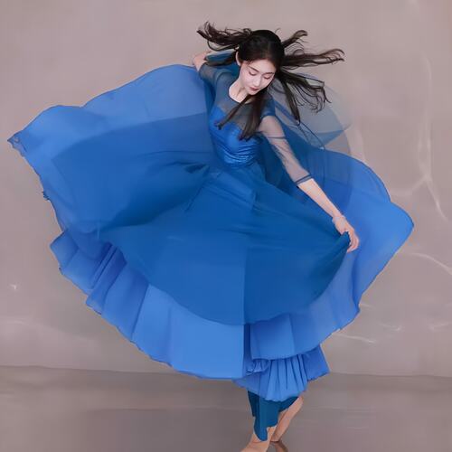 蓝色古典舞演出服女飘逸大裙摆