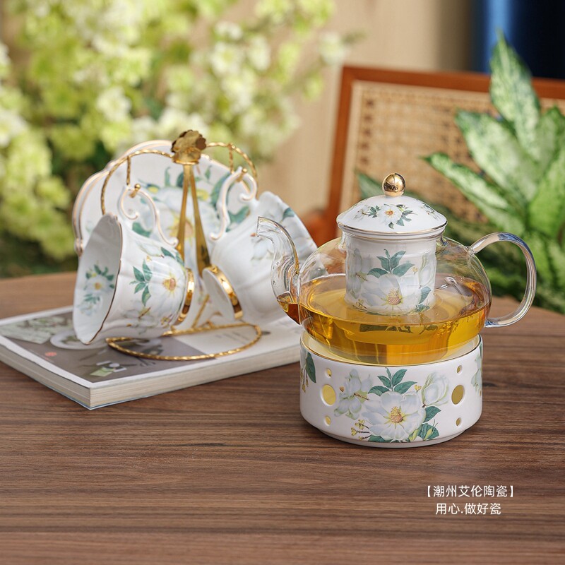 JuSunDe 茶花公主 骨瓷 时尚杯型 花茶杯英式下午茶具 加热玻璃壶
