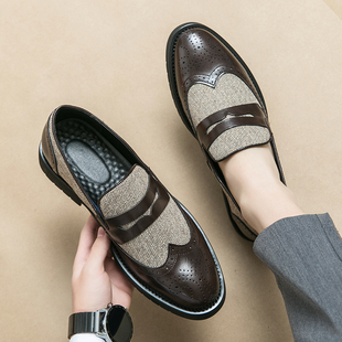 英伦一脚蹬时尚男鞋拼接布洛克手工雕花透气流皮鞋内增高夜店潮流