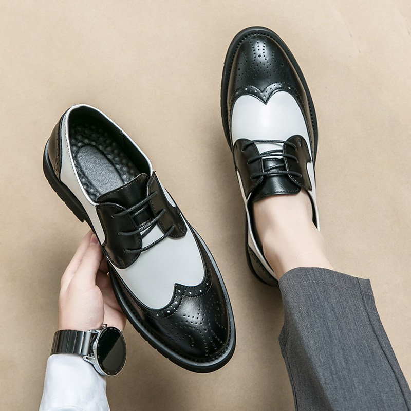 婚纱影楼休闲皮鞋男黑白拼色布洛克雕花男鞋增高个性百搭时尚潮男