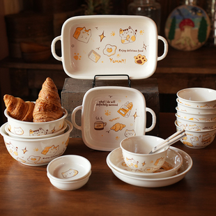 陶瓷吐司猫陶瓷碗盘釉下彩餐具家用可爱奶油风米饭碗卡通泡面碗