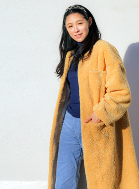 FIU购御姐挡风发热泰迪熊蜜黄色抓毛环保皮草直阔肩大衣 通勤外套