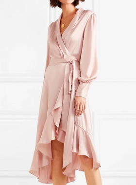 FIU购2023新款欧美长袖孔雀蓝缎面裹身裙 名媛气质复古大摆连衣裙