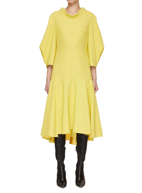 FIU购2023秋冬新款淡黄色长裙 泡泡袖纯色街头套头毛呢气质连衣裙