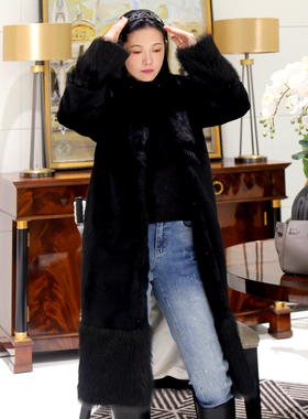 FIU购御姐通勤 发热环保仿貂绒皮草中长职场黑色复古长毛大衣外套