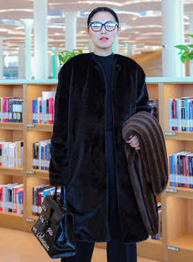 FIU购御姐通勤 发热环保仿貂绒皮草中长职场气质熟女黑色大衣外套