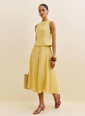 fiu购25夏新款淡黄色亚麻气质无袖背心 大摆半身裙御姐通勤套装女