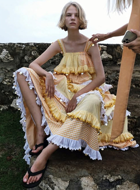 fiu购25新淡黄色格子撞色海边度假大摆连衣裙 重工亮片全棉蛋糕裙