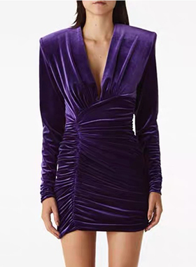 FIU购2023新款长袖紫色丝绒缎面高级感氛围感修身深v领裹身连衣裙
