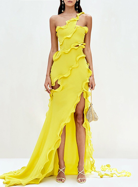 fiu购御姐生日派对礼服 阳光亮黄色荷叶边立体裁剪修身拖尾连衣裙